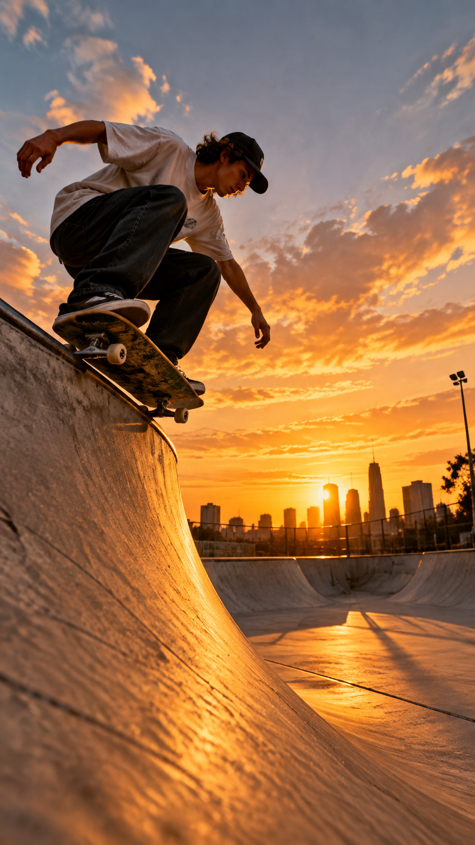 Skater first frame — a vertical 9:16 still at the lip of a ramp