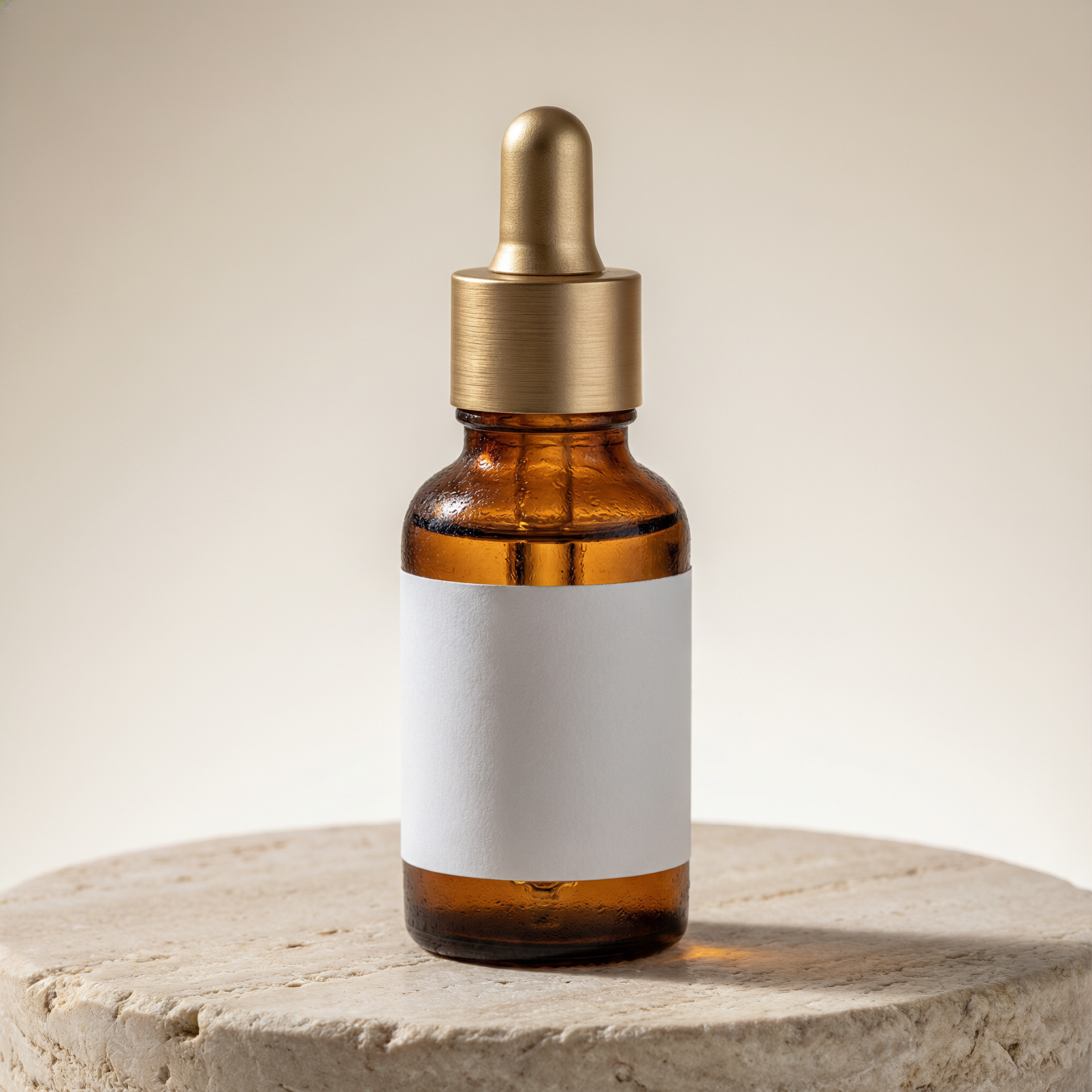 Real qwen-image-2.0-pro output: amber glass dropper bottle on a travertine pedestal, studio hero packshot