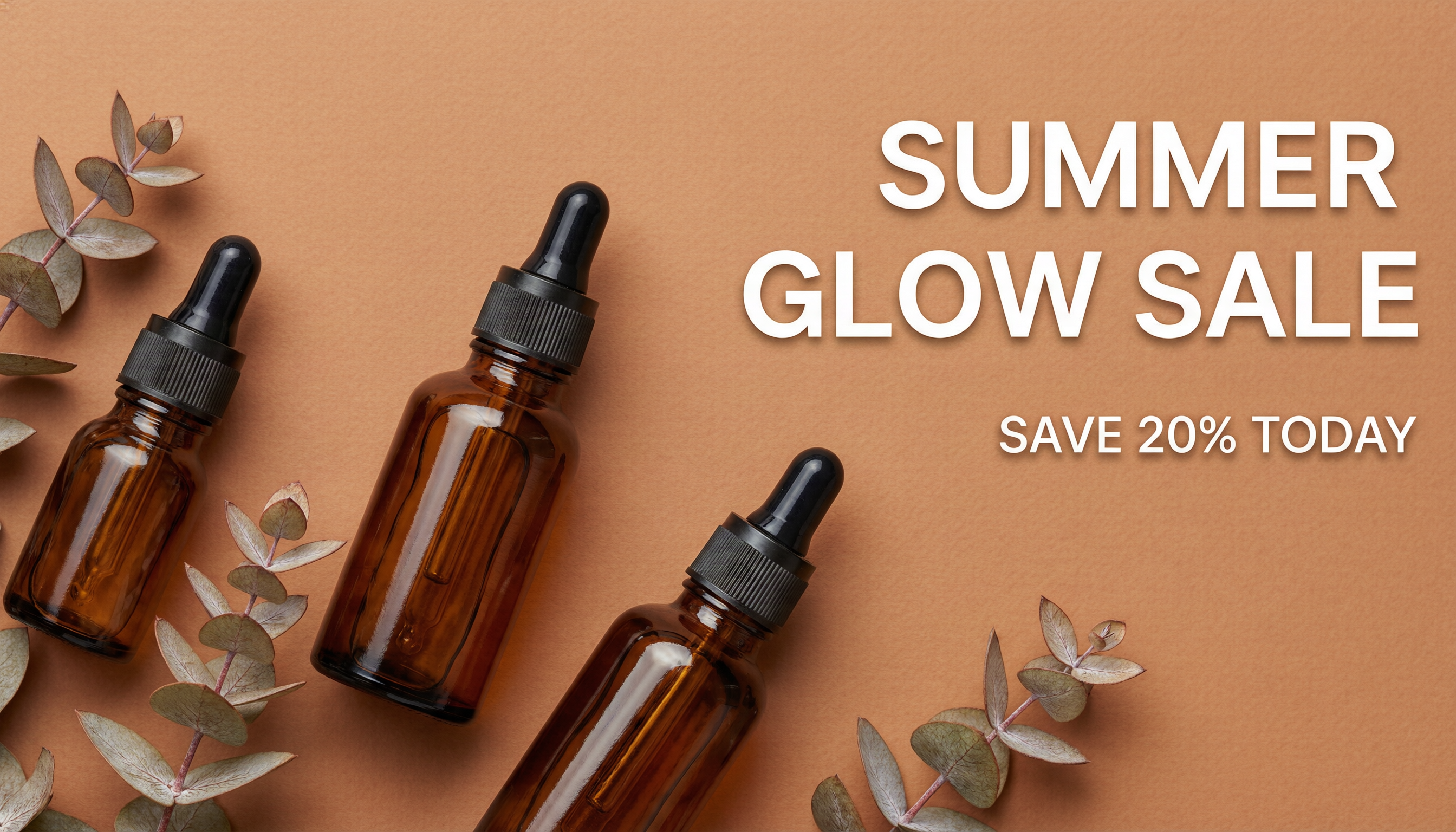 Real qwen-image-2.0-pro output: three dropper bottles on terracotta with rendered promo text SUMMER GLOW SALE, SAVE 20% TODAY