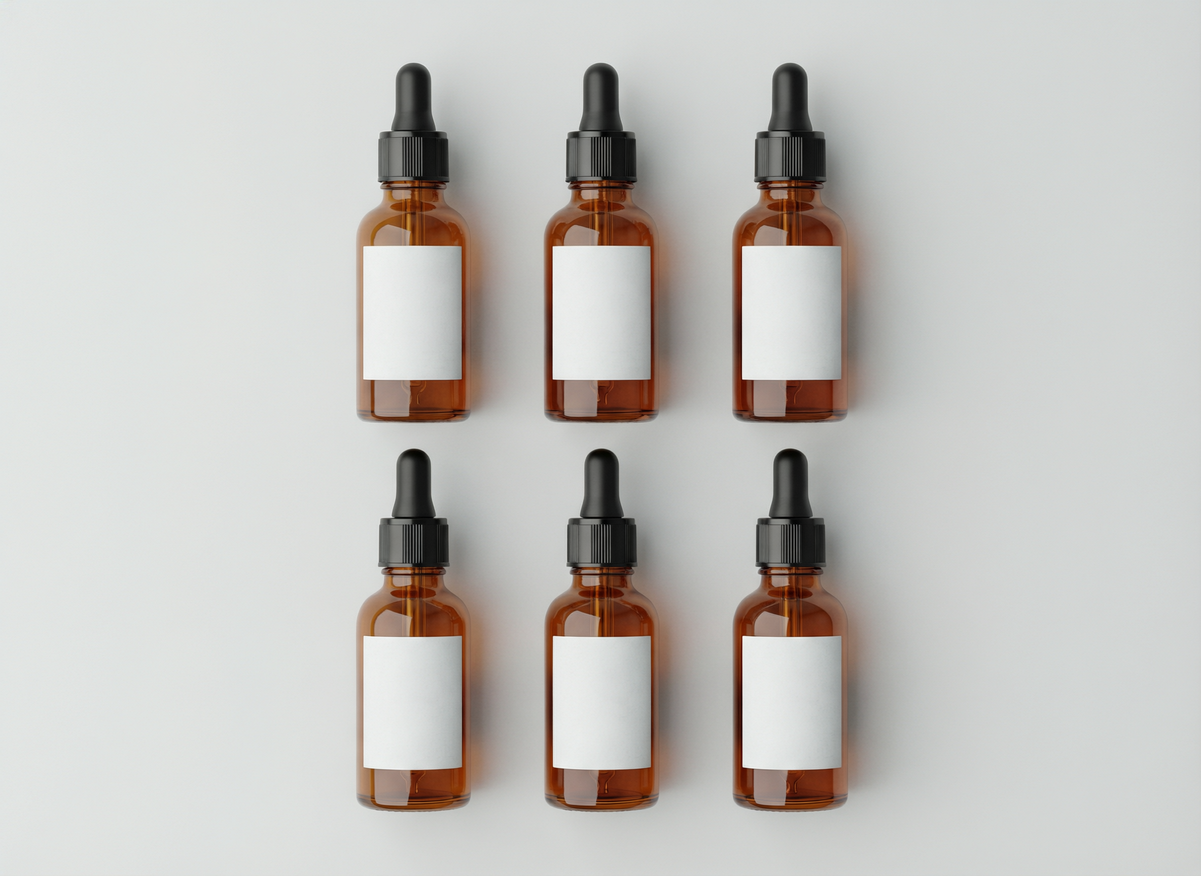 Real qwen-image-2.0-pro output: six dropper bottles in a 2x3 flat-lay grid on light grey background