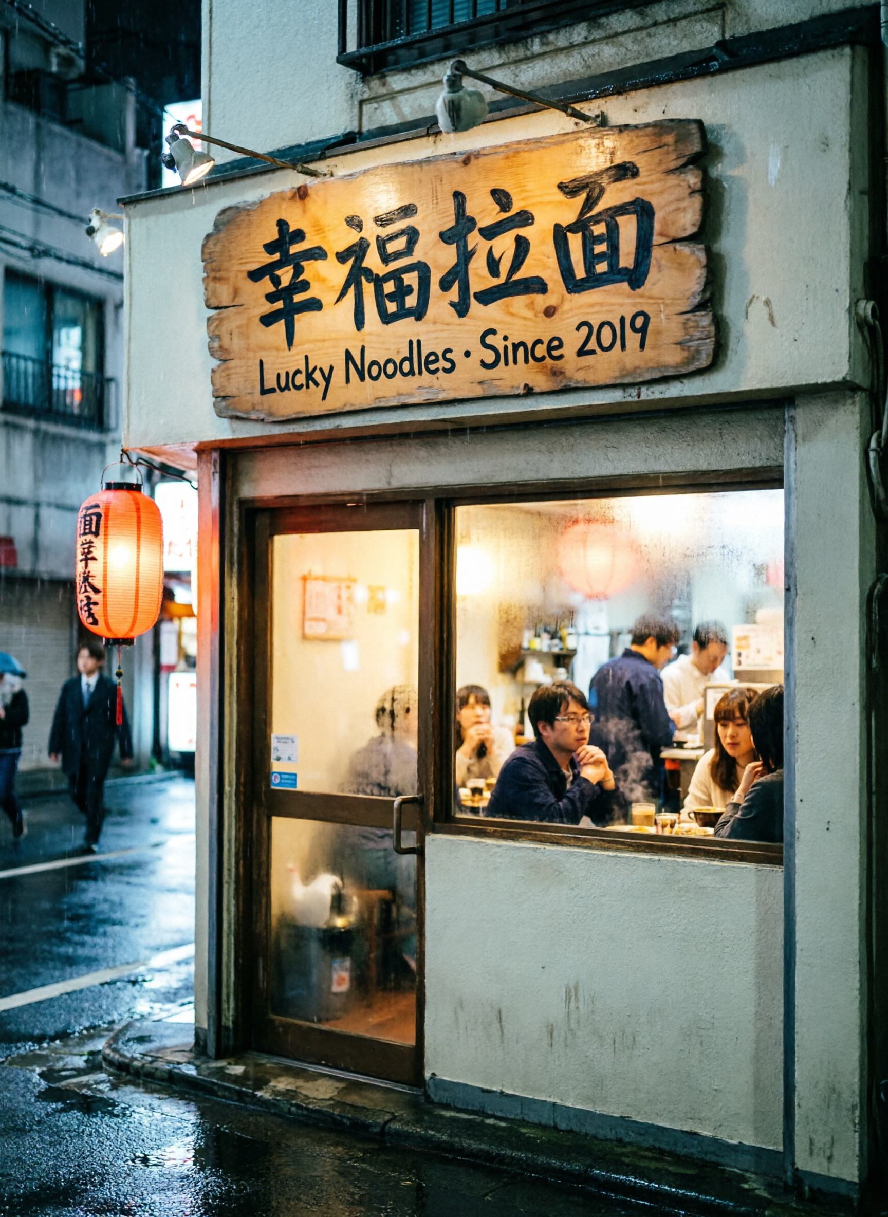A photoreal evening street view of a ramen shop with a Chinese-and-English bilingual sign, generated by qwen-image-2.0