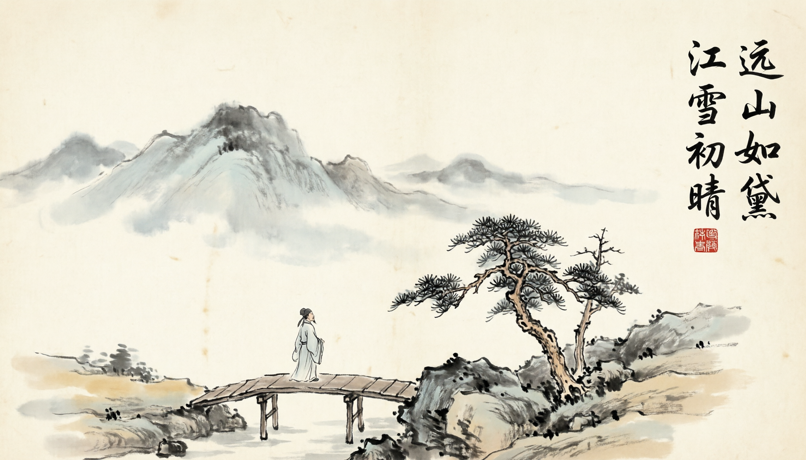 A traditional Chinese ink-wash landscape painting with a calligraphic poem, generated by qwen-image-2.0