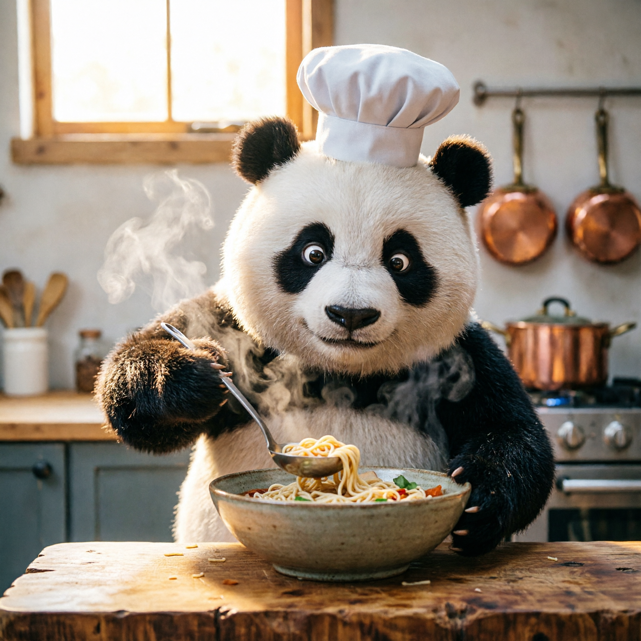 A 3D Pixar-style cartoon panda chef cooking ramen in a cozy kitchen, generated by qwen-image-2.0