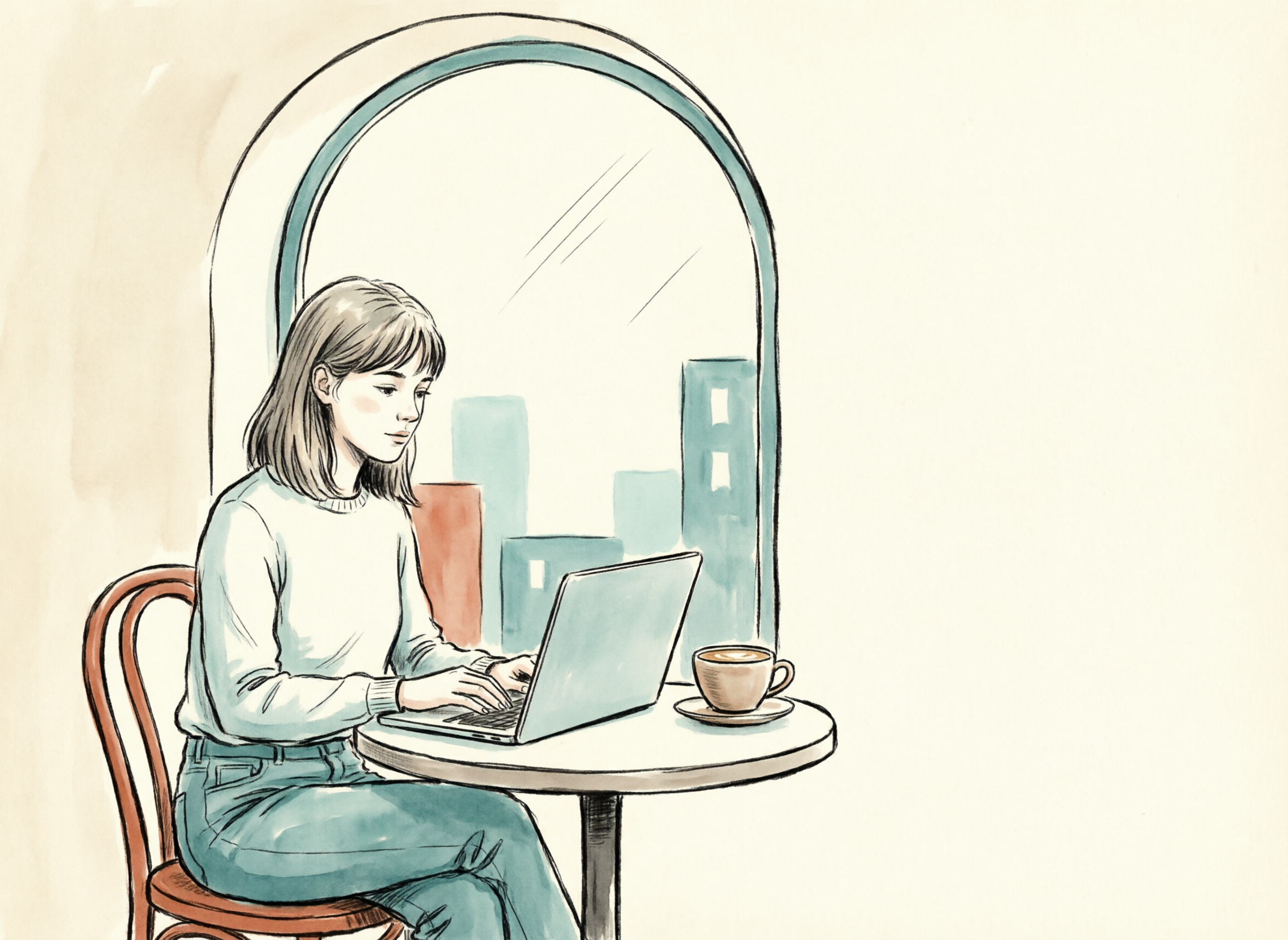 A muted editorial flat illustration of a person working at a laptop in a window-lit cafe, generated by qwen-image-2.0