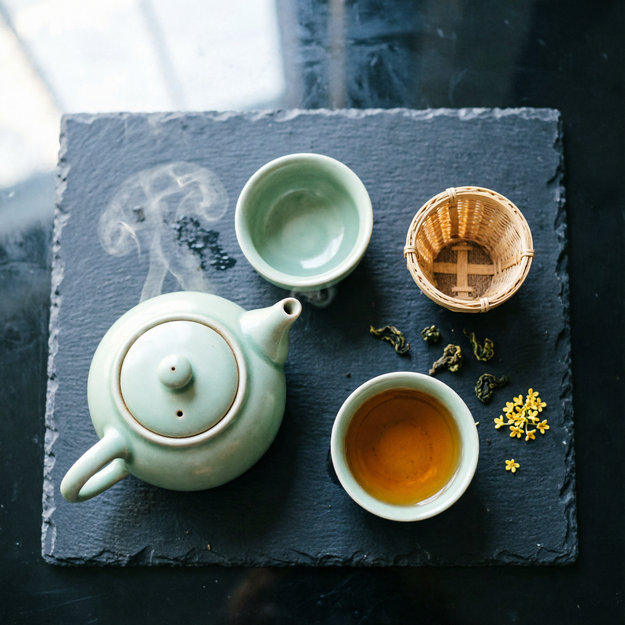 A photoreal top-down flat-lay of a Chinese tea-tasting setup on a stone slab, generated by qwen-image-2.0
