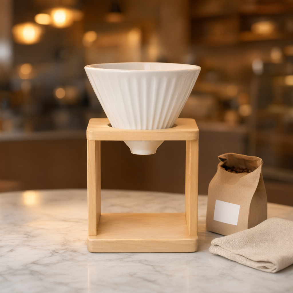 Coffee dripper staged on a marble cafe counter