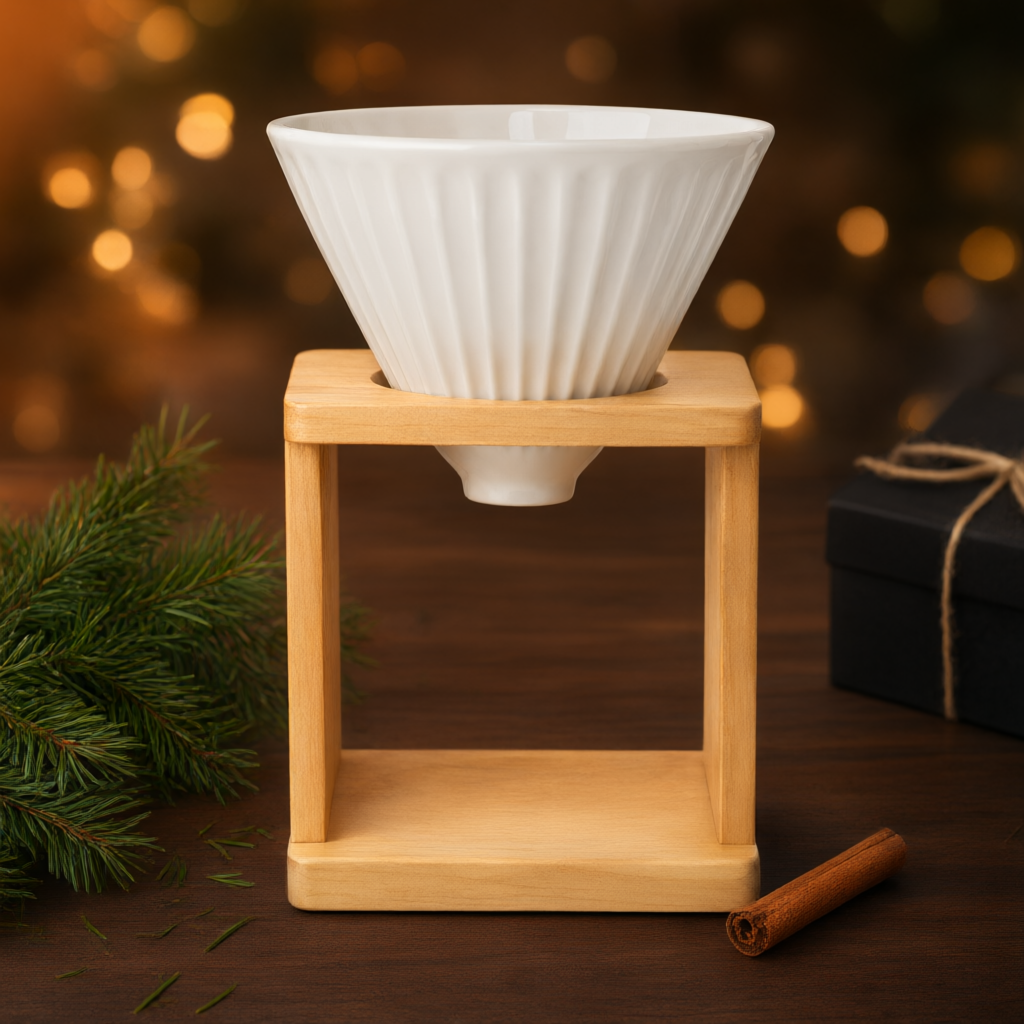 Coffee dripper styled for a winter holiday gift photo