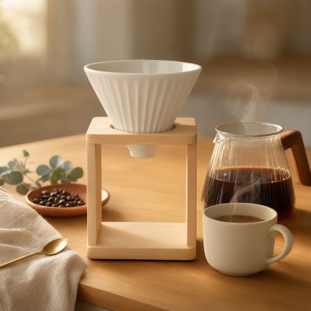 Coffee dripper staged on a warm wooden kitchen counter in morning light