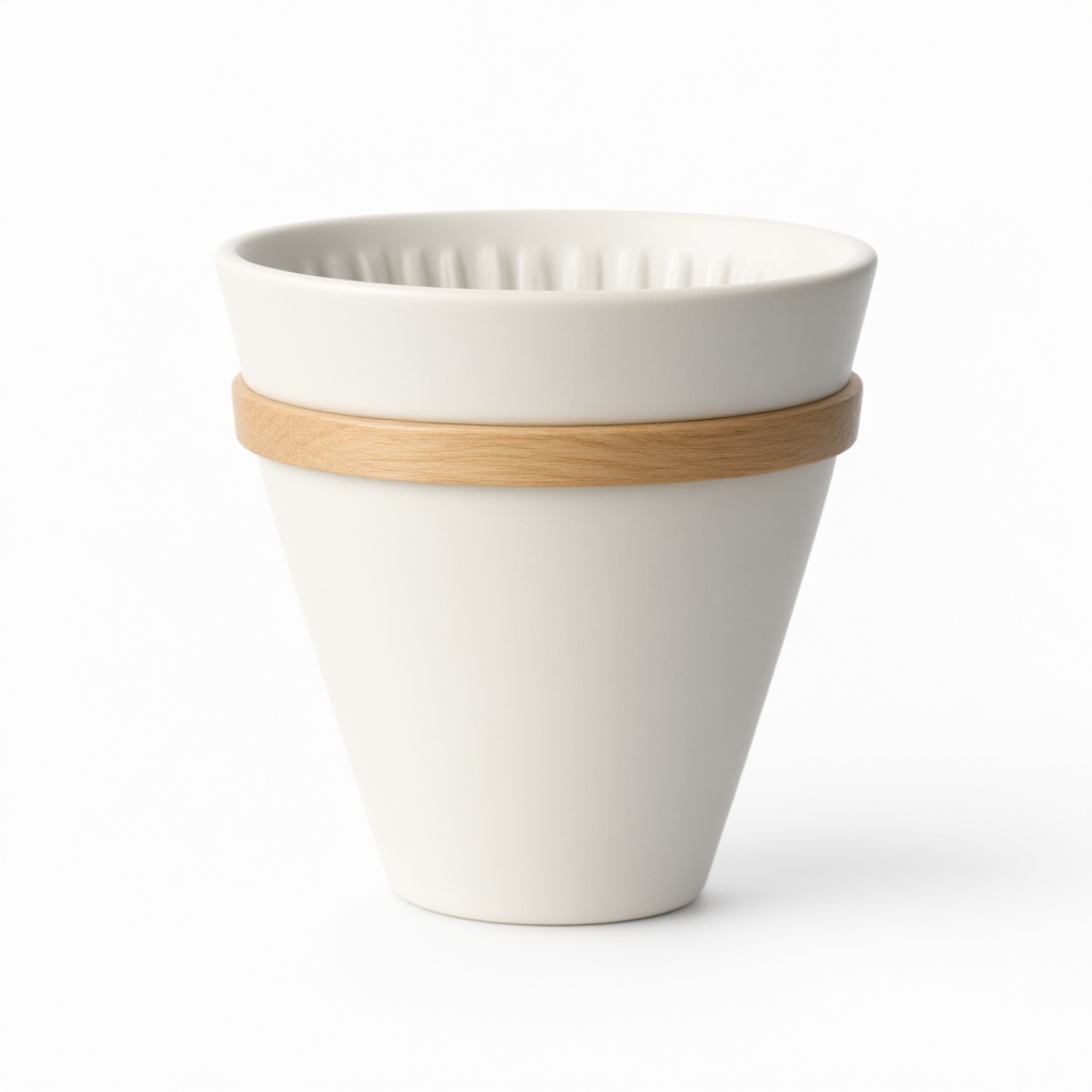 Ceramic pour-over coffee dripper on a white studio background