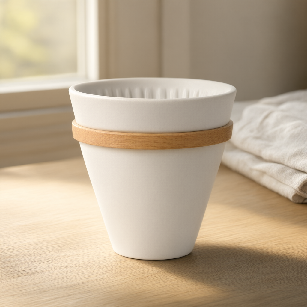 Coffee dripper on a sunlit wooden kitchen counter