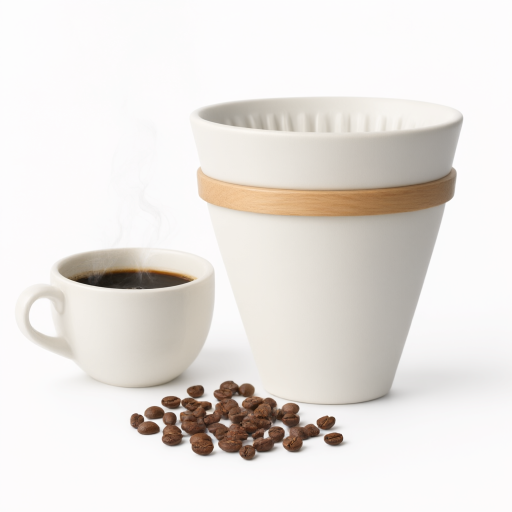 Coffee dripper next to a steaming cup and scattered coffee beans