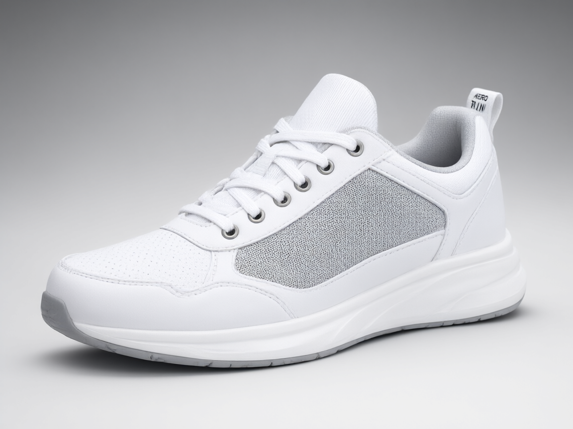 White running sneaker on a light grey studio background