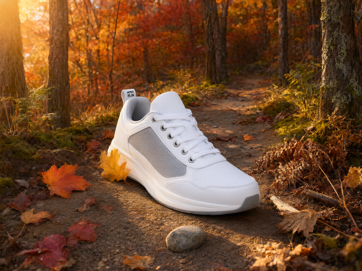 Sneaker on a dirt trail at golden hour with autumn leaves