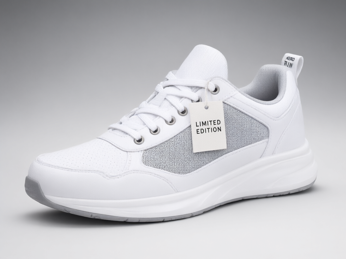 Sneaker with a white hangtag printed with LIMITED EDITION text