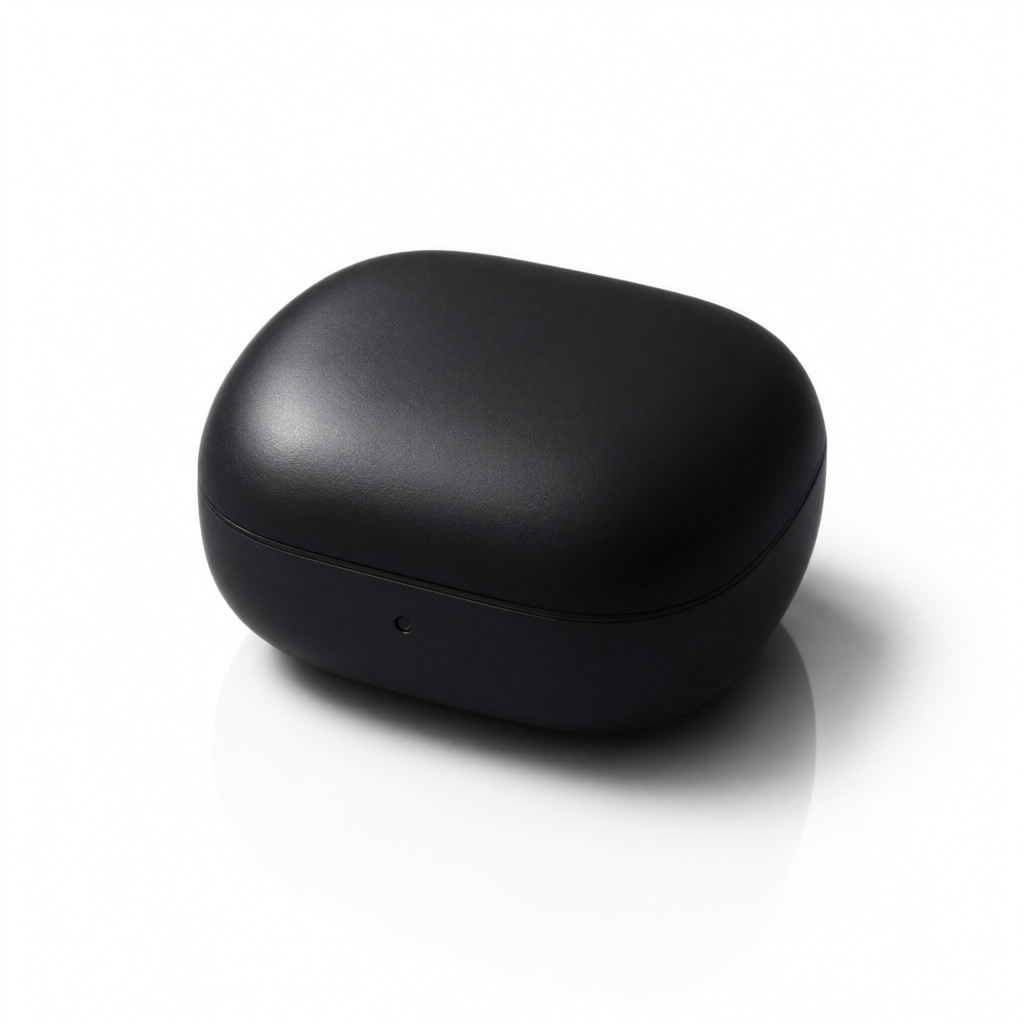 Matte-black wireless earbuds charging case on a white studio background