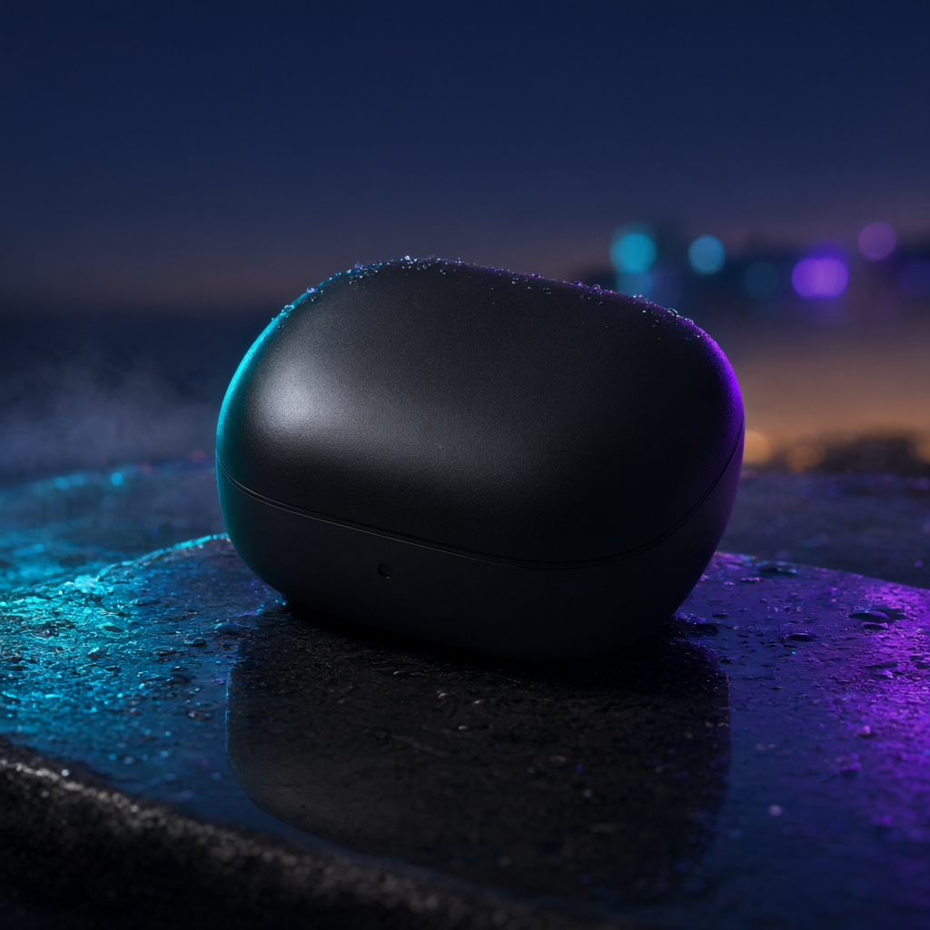 The same charging case redrawn standing on wet stone at dusk with neon reflections