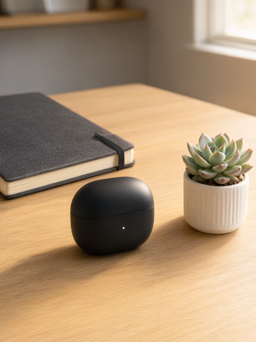 Wireless earbuds charging case on a wooden desk in a home-office setting