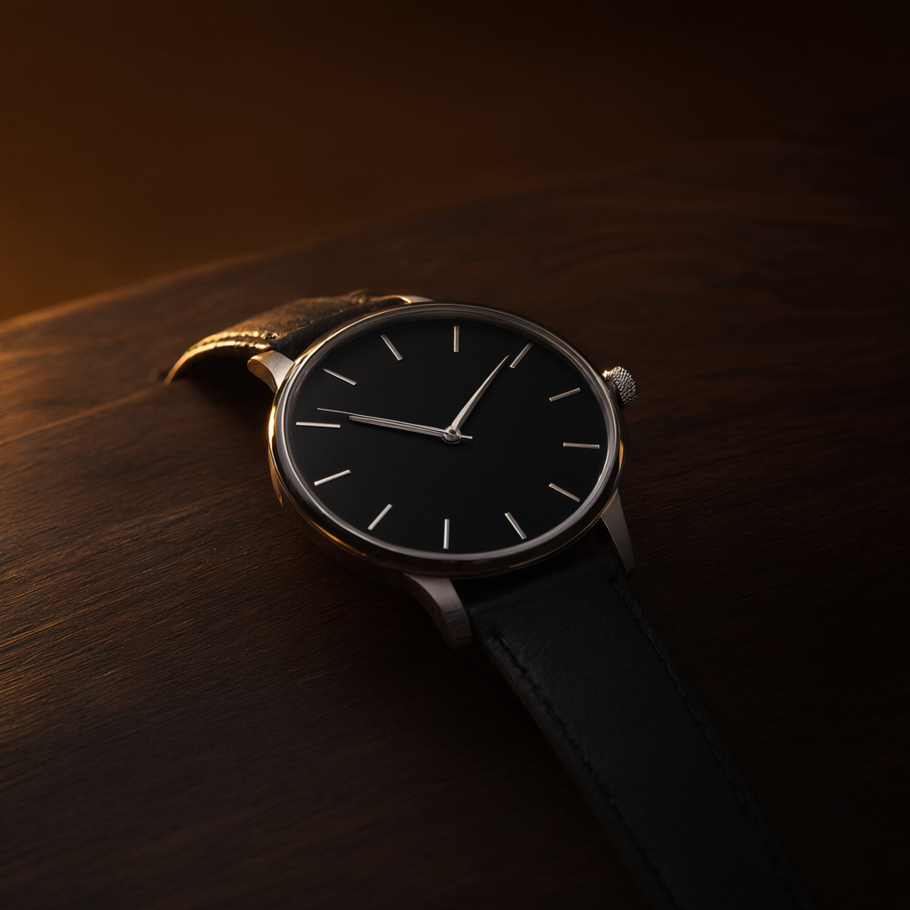 Same wristwatch relit on a walnut surface with warm lighting