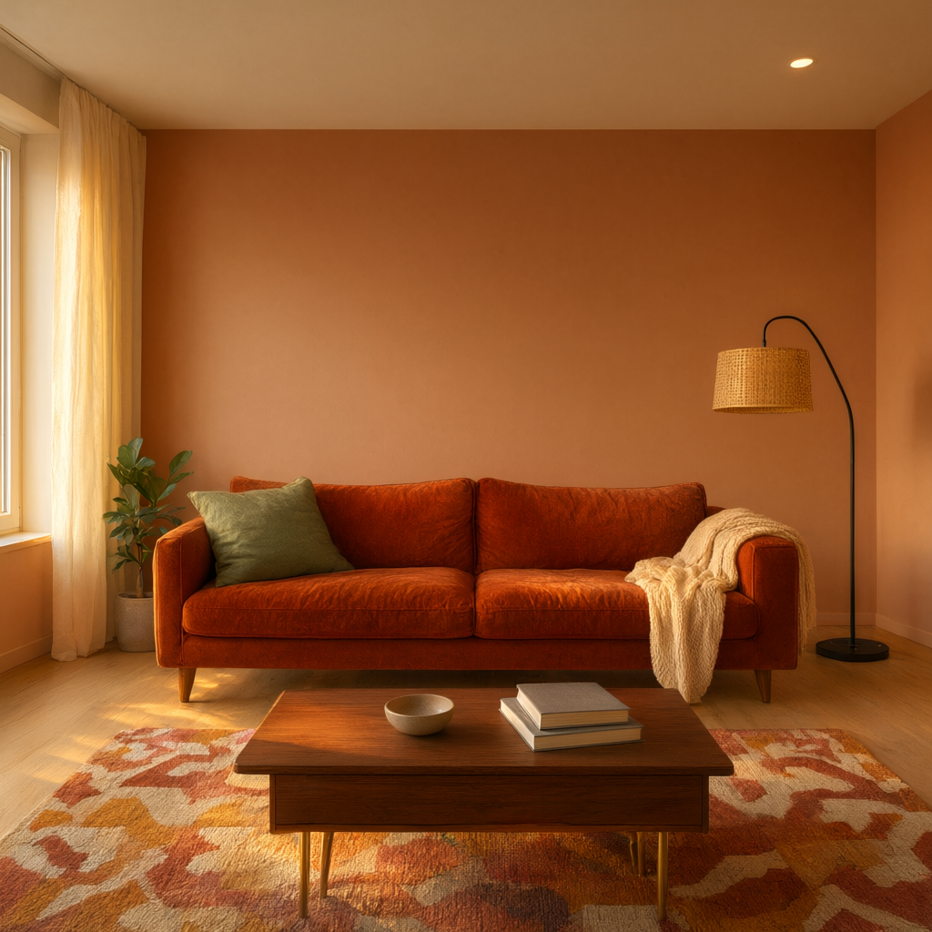 Same living room layout restyled with mid-century modern furniture