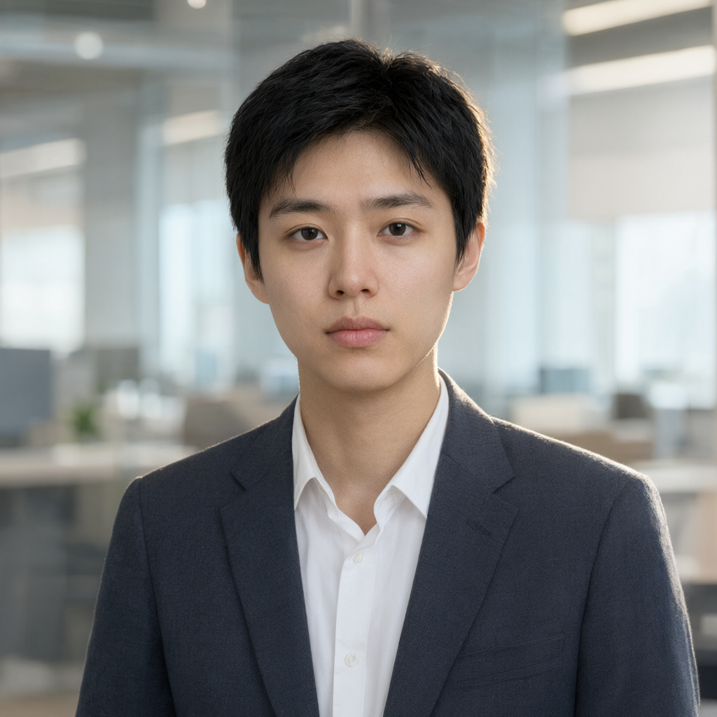 Same face and pose restyled into a professional editorial headshot with a blazer