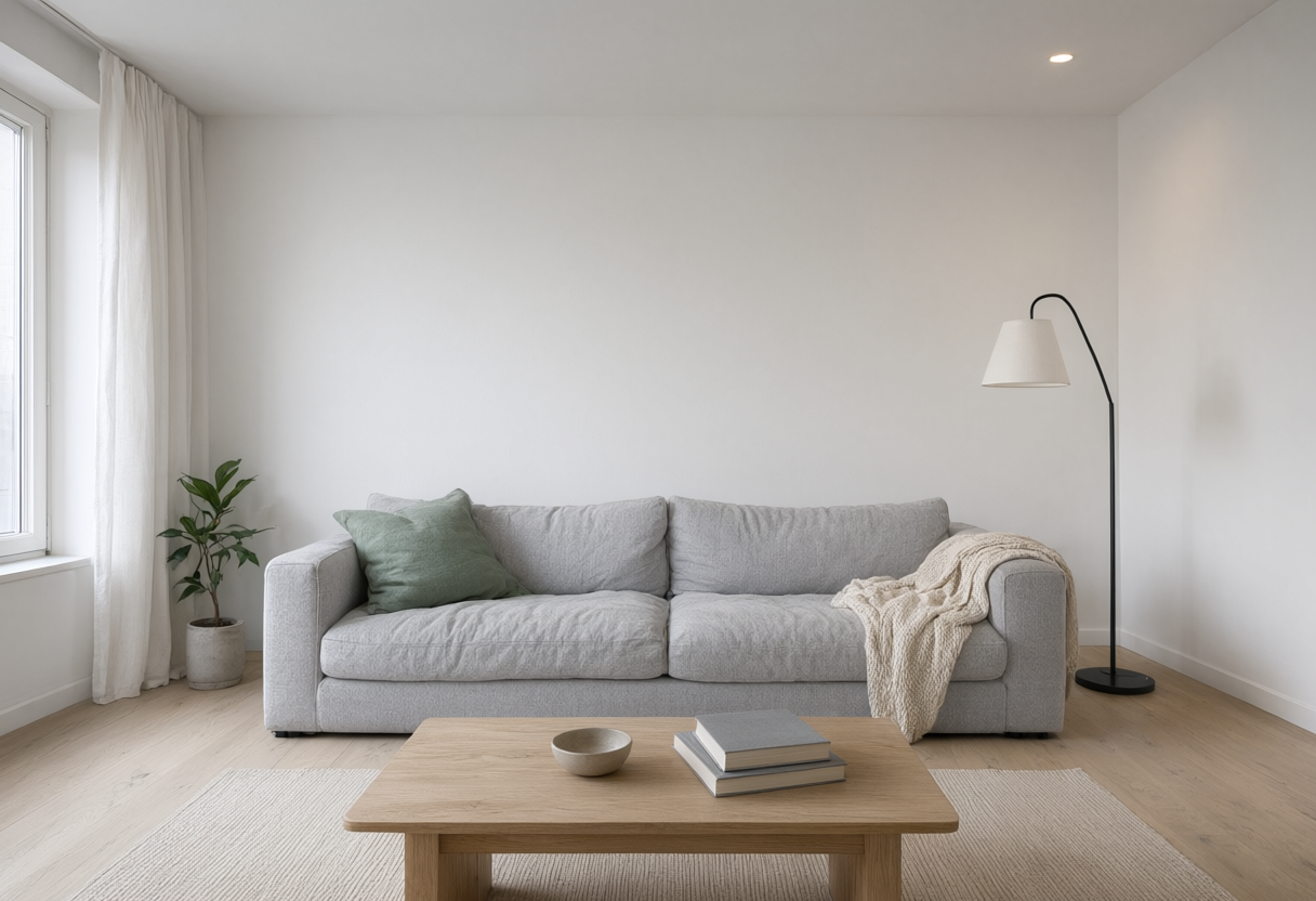 Minimalist living room with white walls, one window, and sparse furniture