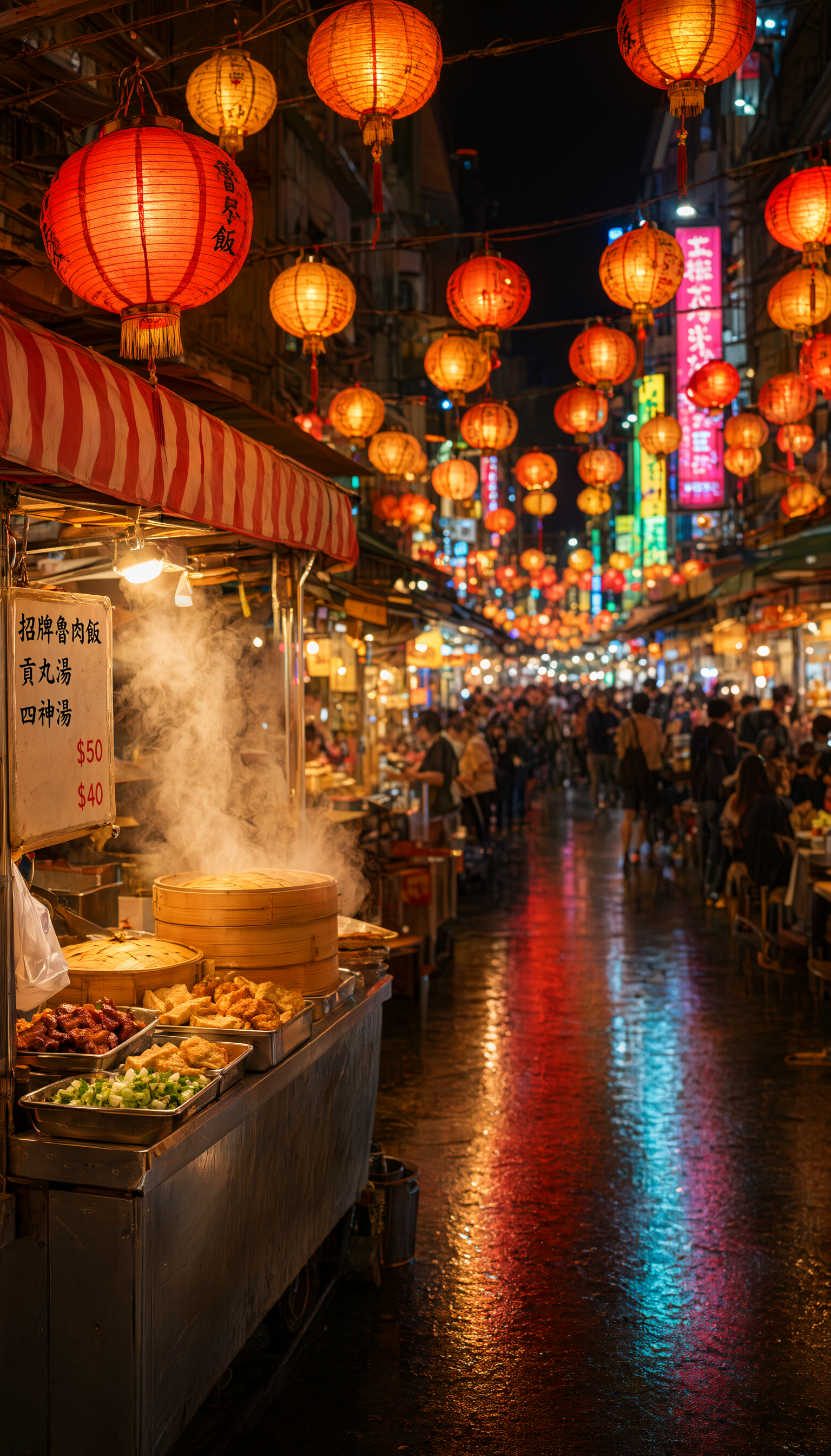 Night food market alley wallpaper generated with qwen-image-3.0-pro/text-to-image