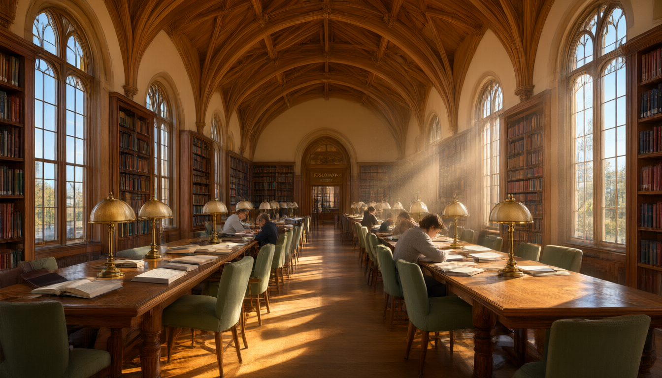 A sunlit university reading room with vaulted ceilings, arched windows, and long oak tables