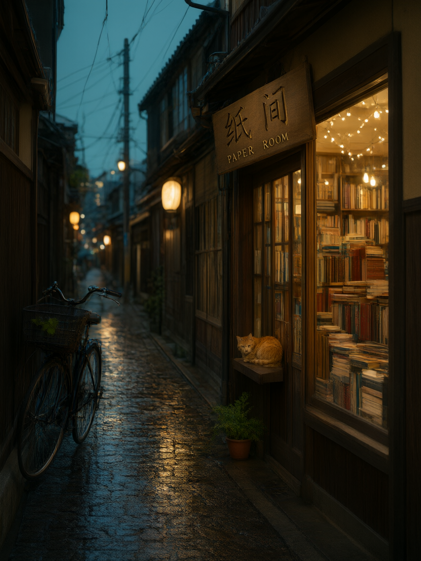 A hand-painted bilingual bookstore sign above a Kyoto alley storefront at dusk