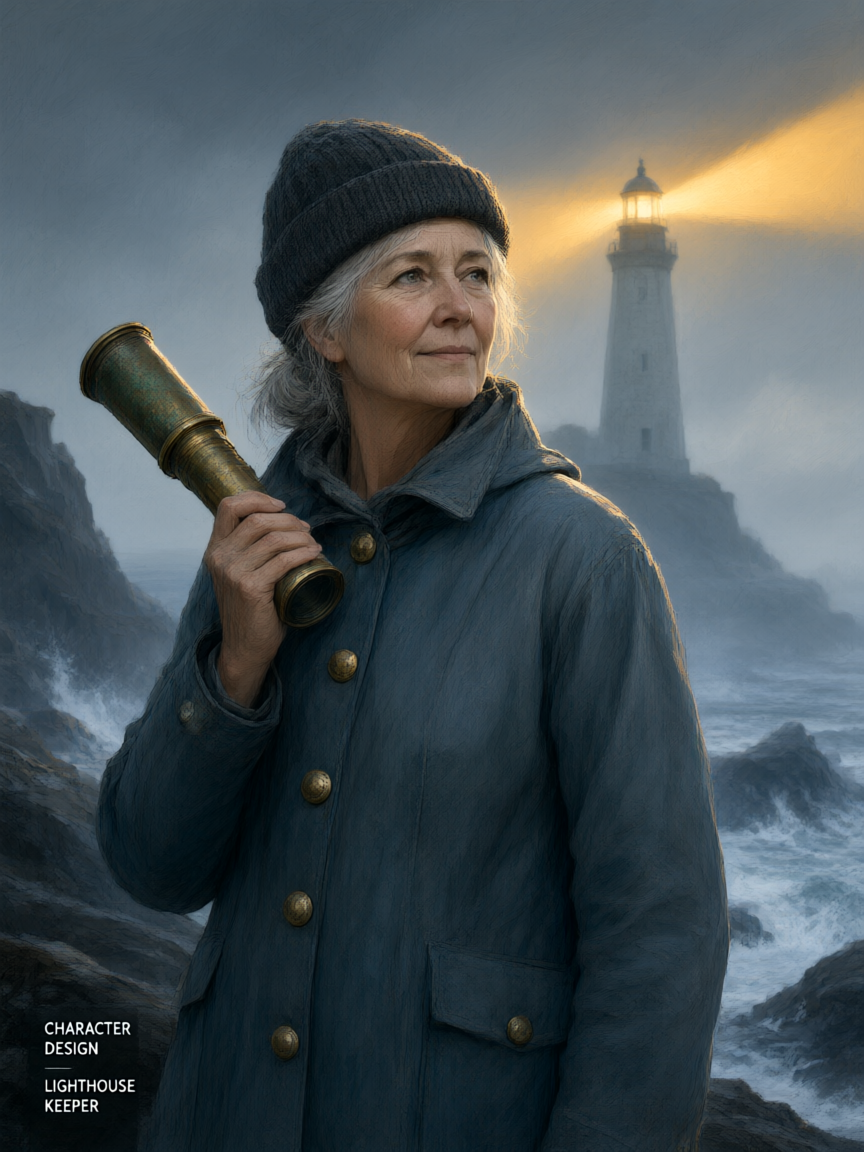 A painterly concept-art portrait of a weathered lighthouse keeper holding a brass telescope