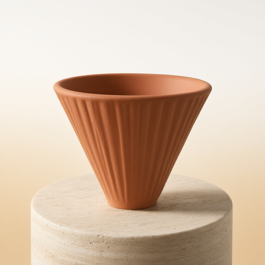 A matte terracotta ceramic pour-over coffee dripper on a travertine pedestal, studio lit