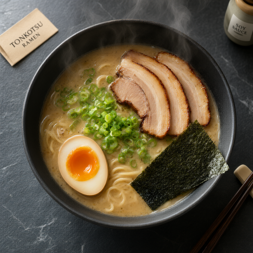 An overhead shot of a steaming bowl of tonkotsu ramen with chashu pork and a jammy egg