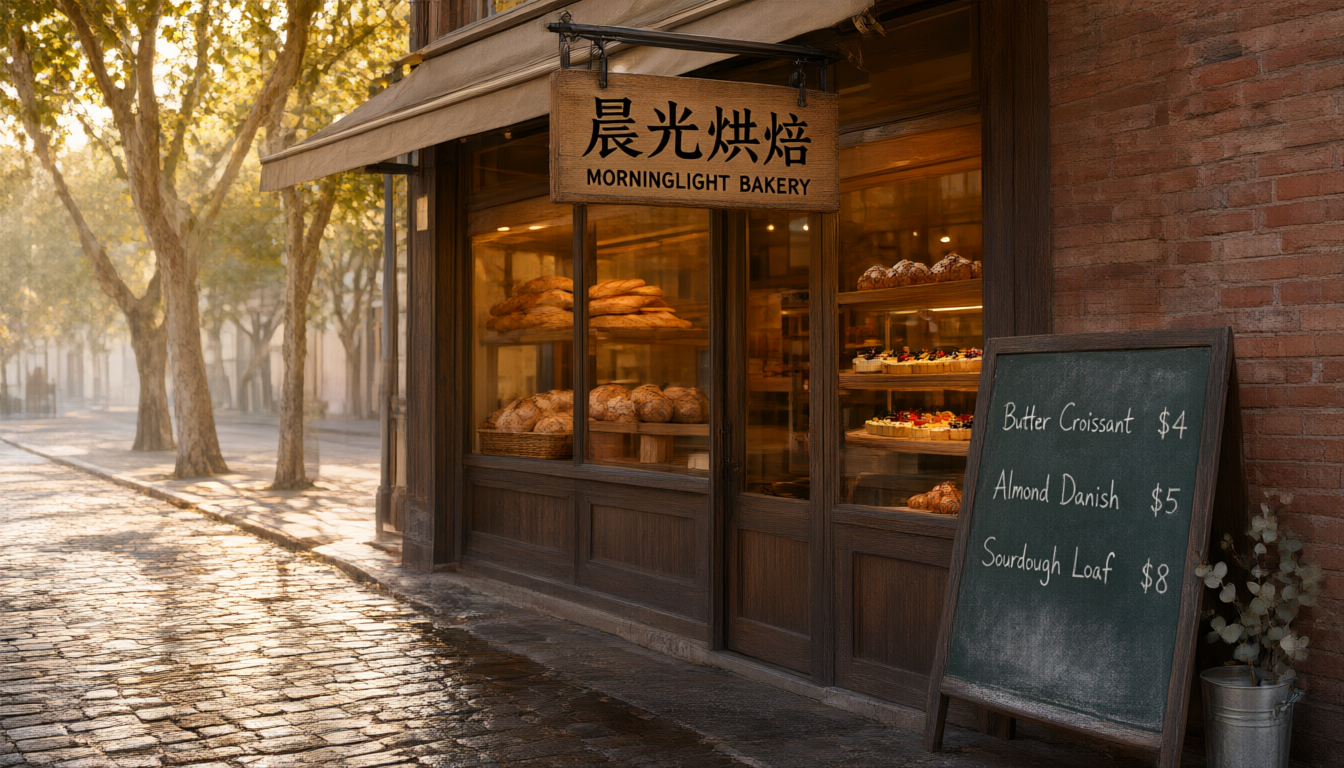 Qwen Image 3.0 Standard at $0.0358: the bilingual sign 晨光烘焙 / MORNINGLIGHT BAKERY and the three-item chalkboard render correctly and cleanly