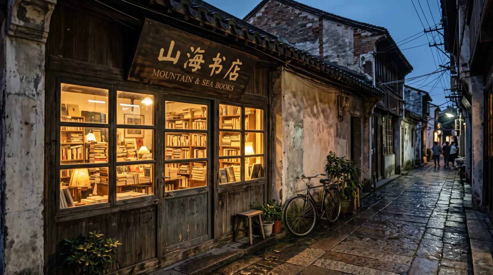 Nano Banana 2.1: the same bookstore with a carved sign, one bicycle, a stool, plants and people further down the lane