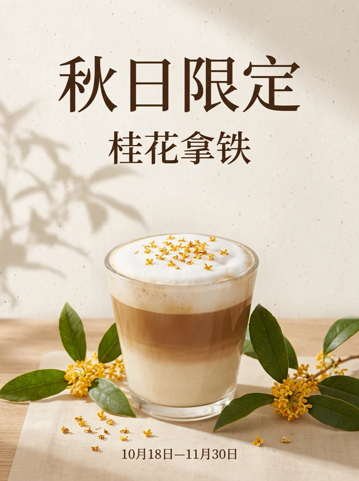 Nano Banana 2.1: a layered osmanthus latte on a wooden table with leaf shadows on the wall, same three lines of text