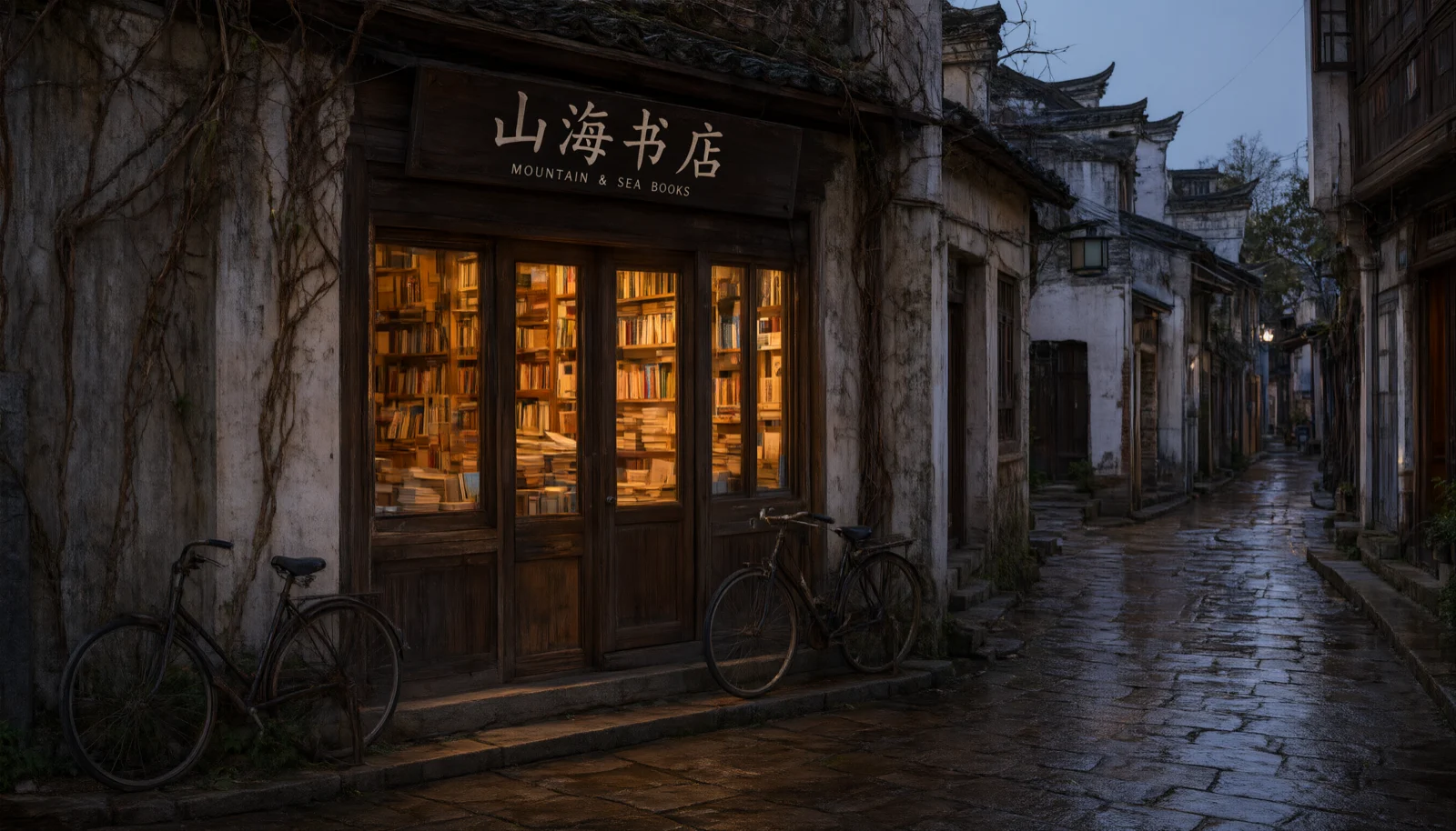 Qwen Image 3.0: a bookstore on a wet old lane at dusk, sign reading 山海书店 and MOUNTAIN & SEA BOOKS, two bicycles