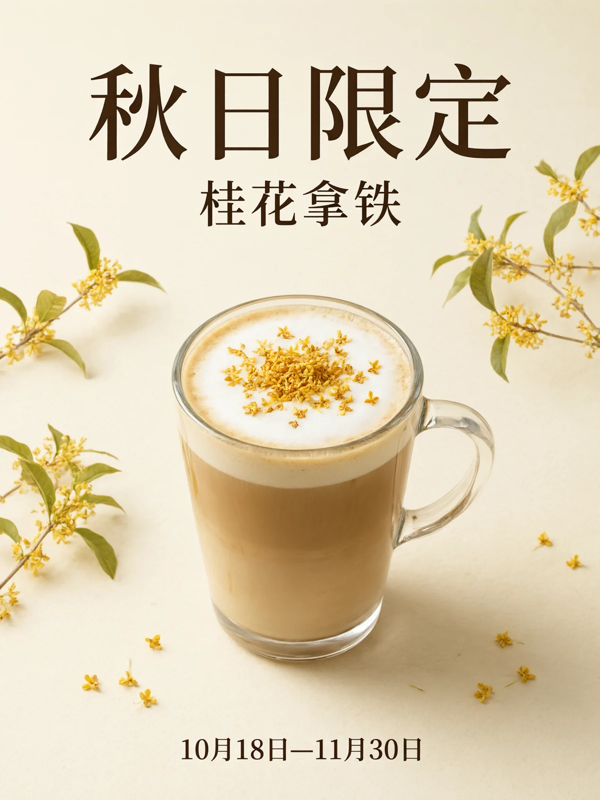 Qwen Image 3.0: an osmanthus latte in a glass mug on cream paper, title 秋日限定, subtitle 桂花拿铁, dates at the bottom