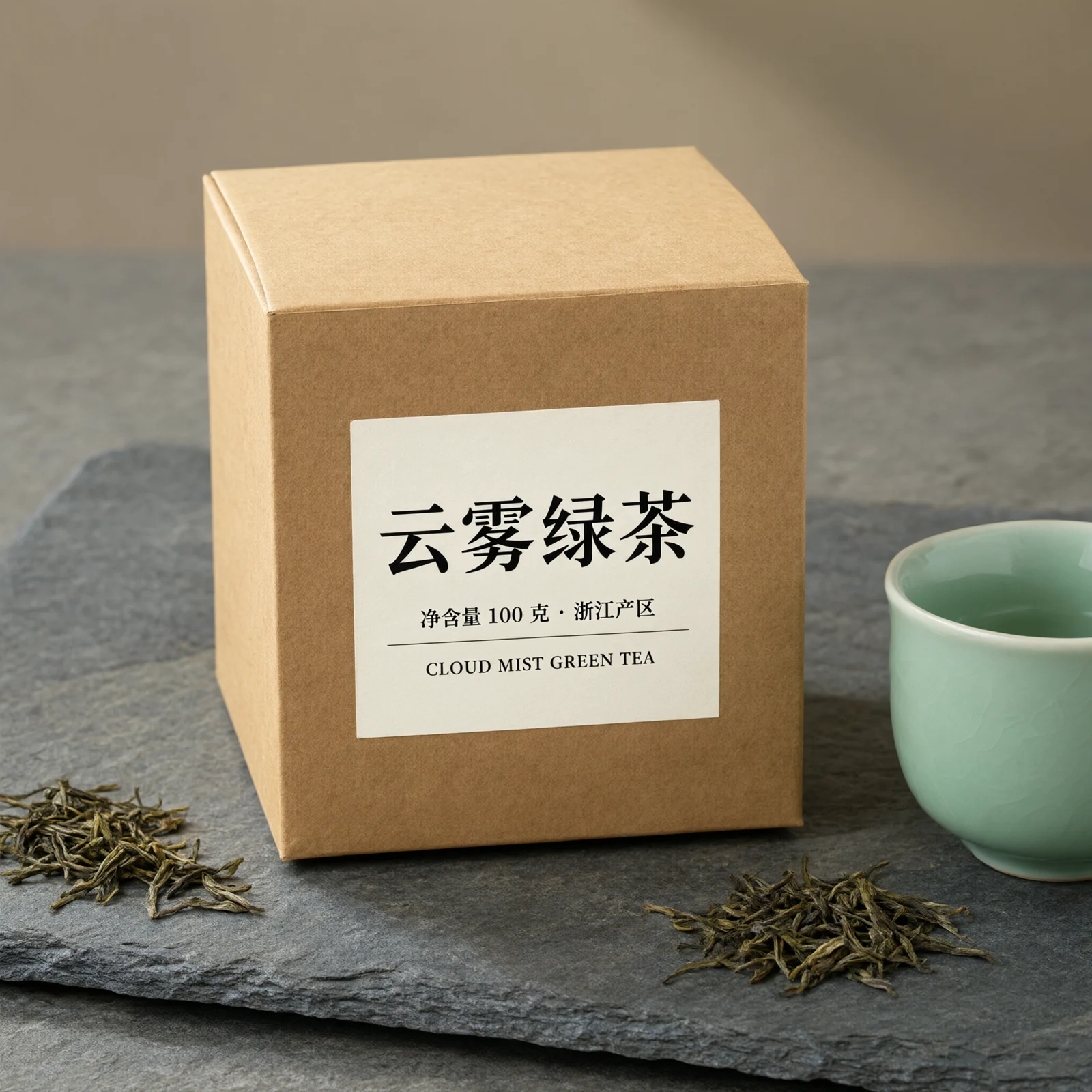 Qwen Image 3.0: a kraft tea box with a high-contrast label reading 云雾绿茶, the small net-weight line and CLOUD MIST GREEN TEA