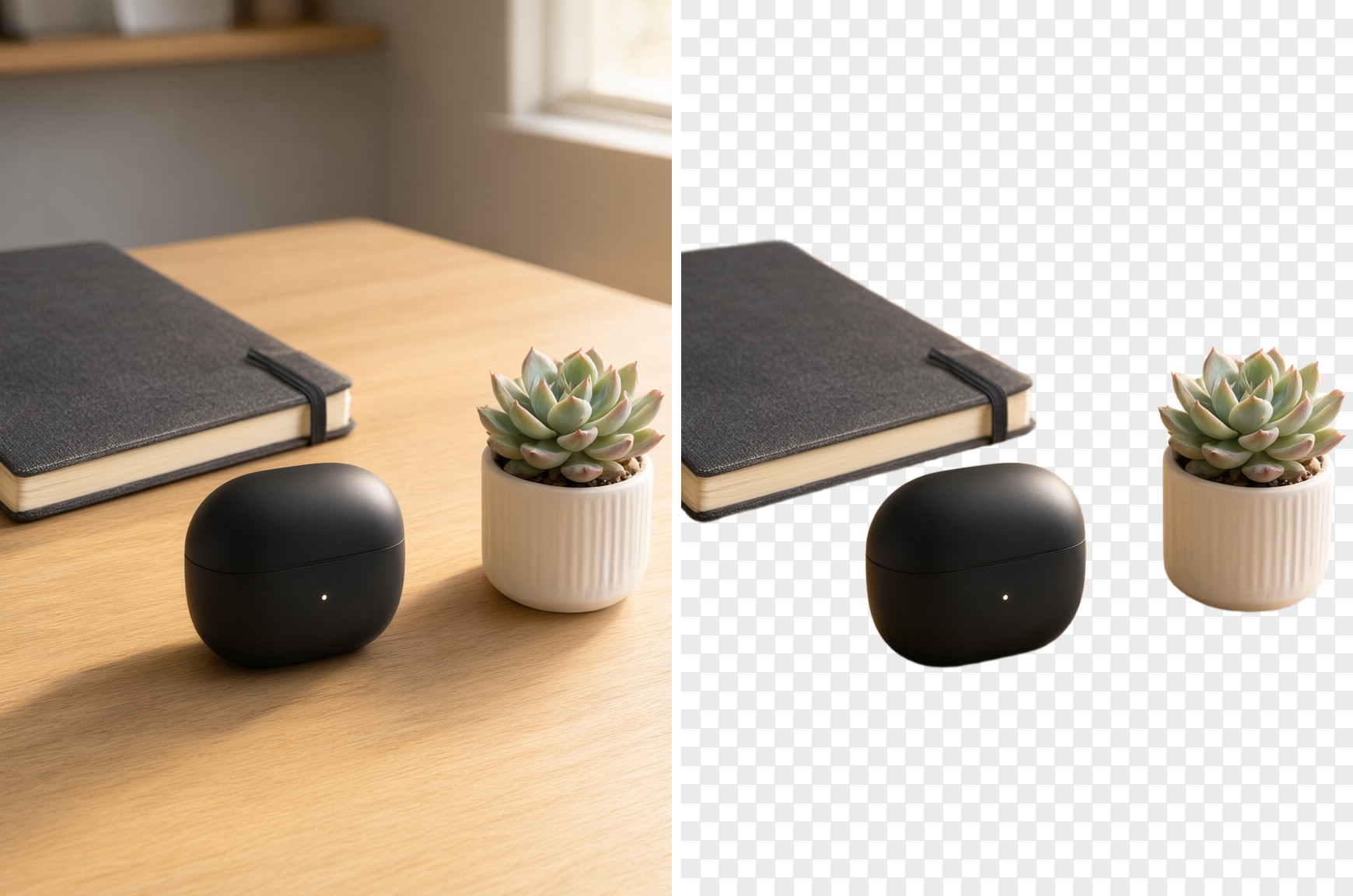 Before and after: a product photo with its background removed by recraft/remove-background
