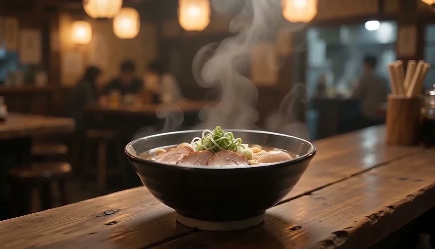 Slow dolly-in on a ramen bowl
