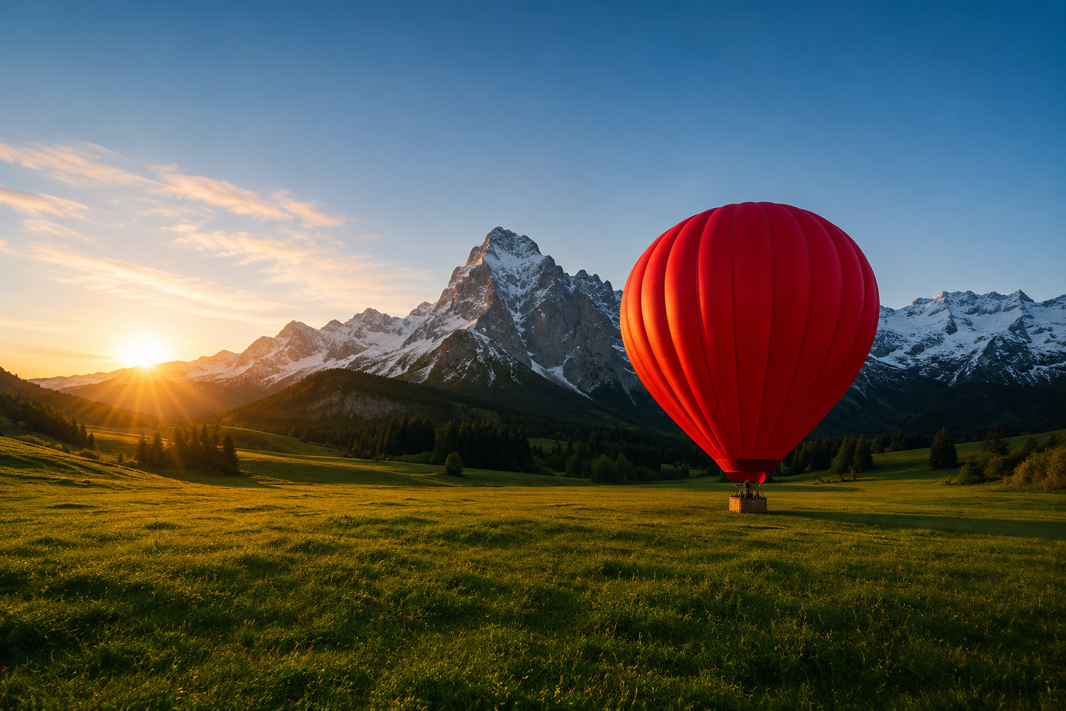 Reference still: red hot-air balloon in an alpine meadow at sunrise