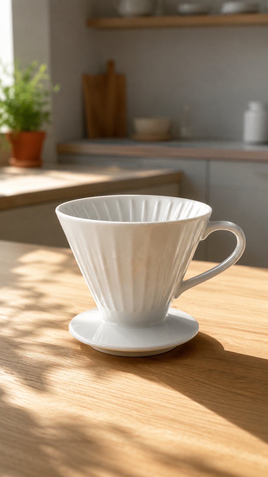 Vertical product still generated with gpt-image-2 as an I2V first frame: pour-over coffee dripper on an oak table