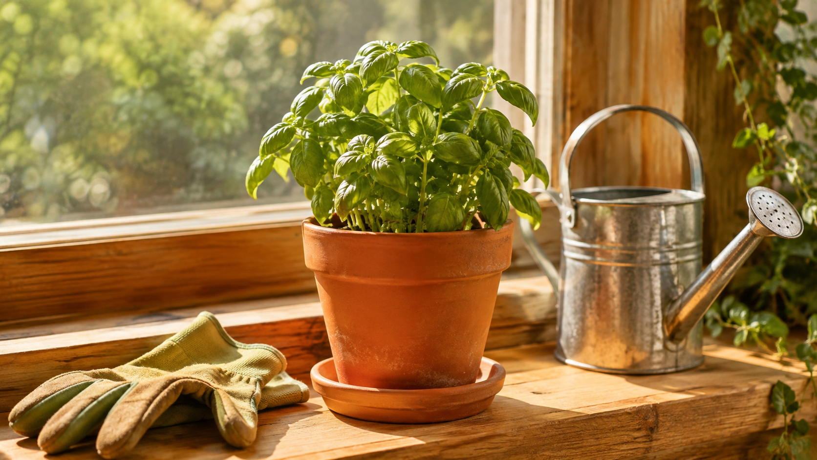 The same windowsill with a thriving basil plant, the last frame of the Seedance 2.5 recipe