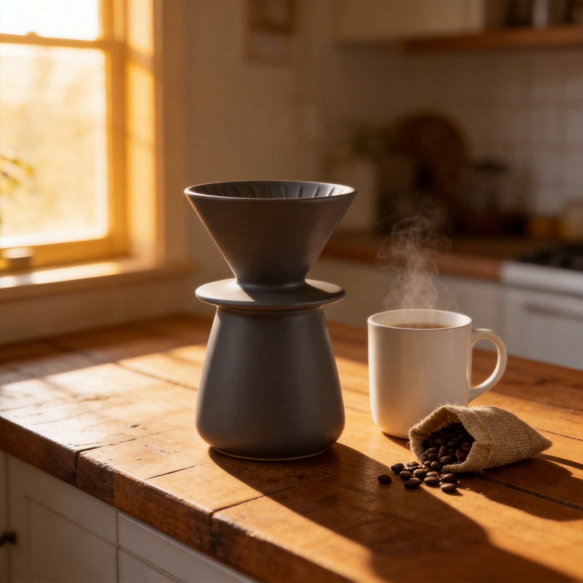 Cover: a pour-over coffee dripper edited from a plain studio shot into a warm kitchen lifestyle scene