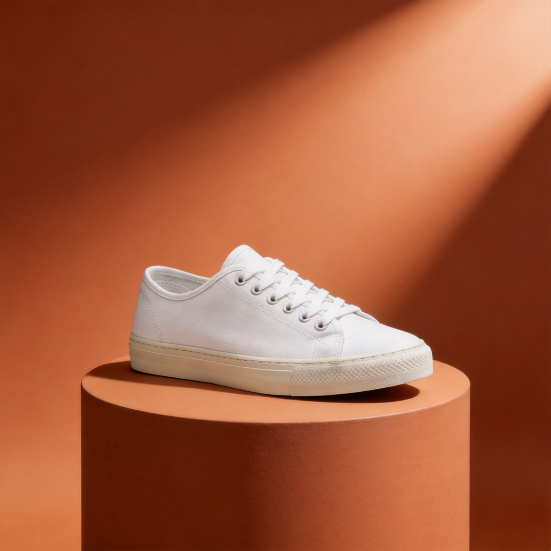 The same sneaker edited onto a matching terracotta studio backdrop for a consistent brand look