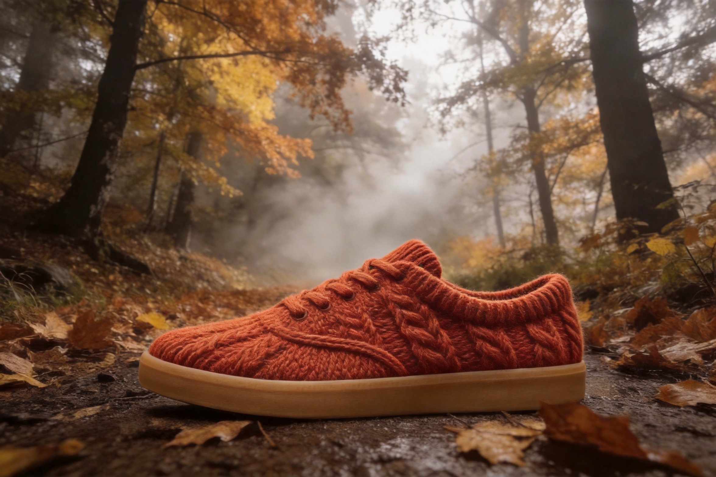 Output: sneaker rebuilt in cable-knit wool, shot low-angle on the foggy trail