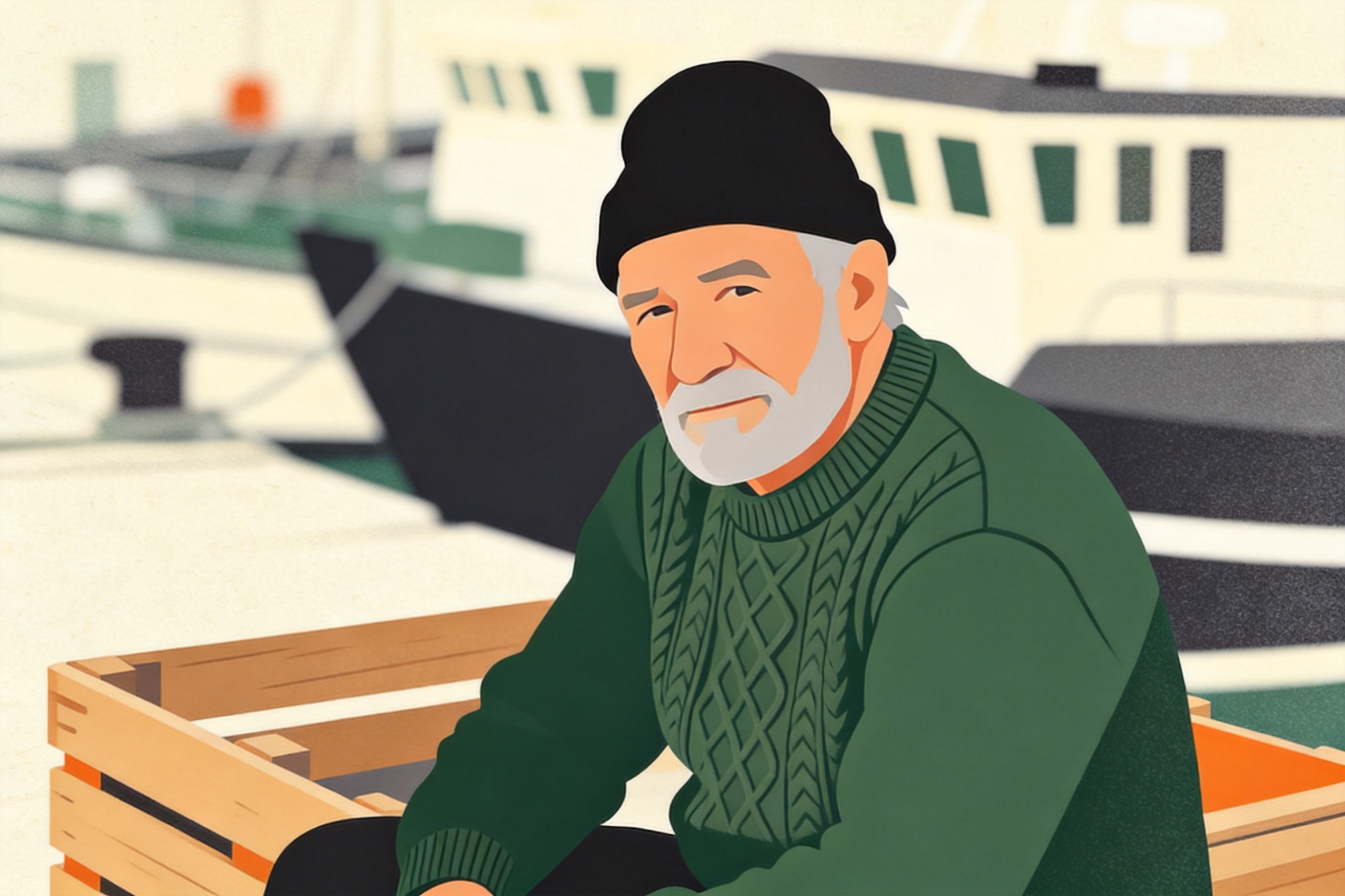 Output: fisherman portrait redrawn as a flat vector illustration in a four-color palette