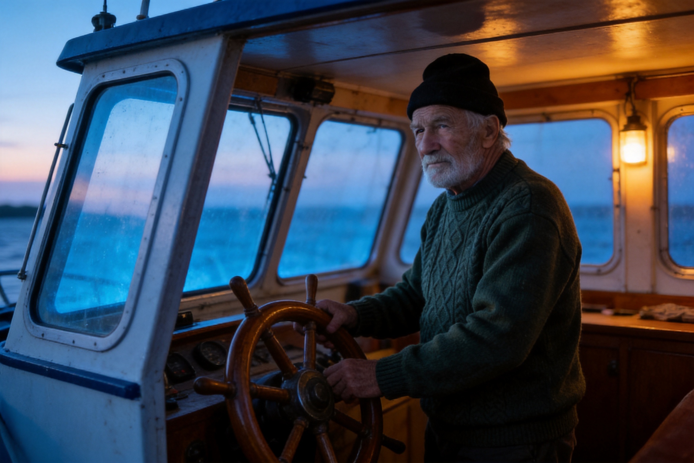 Output: the same fisherman at the helm inside a wheelhouse at dawn