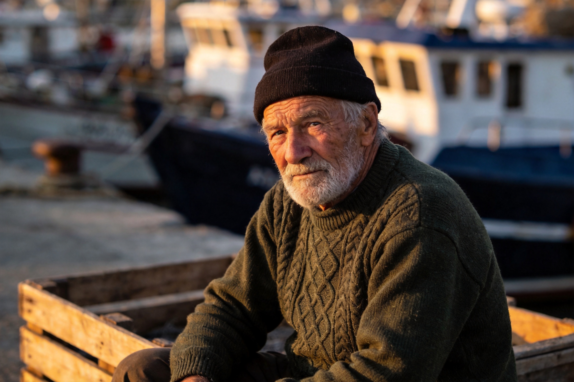 Source: portrait of an elderly fisherman in a green sweater by the harbor