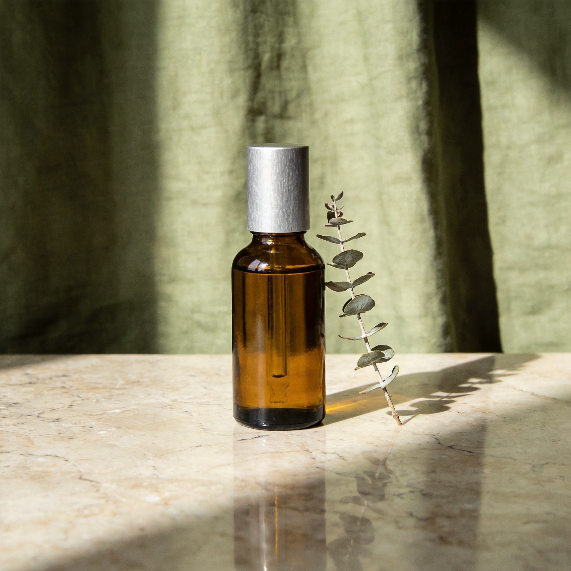 Cover: an amber glass skincare serum bottle on a travertine surface with a eucalyptus sprig, generated from text alone