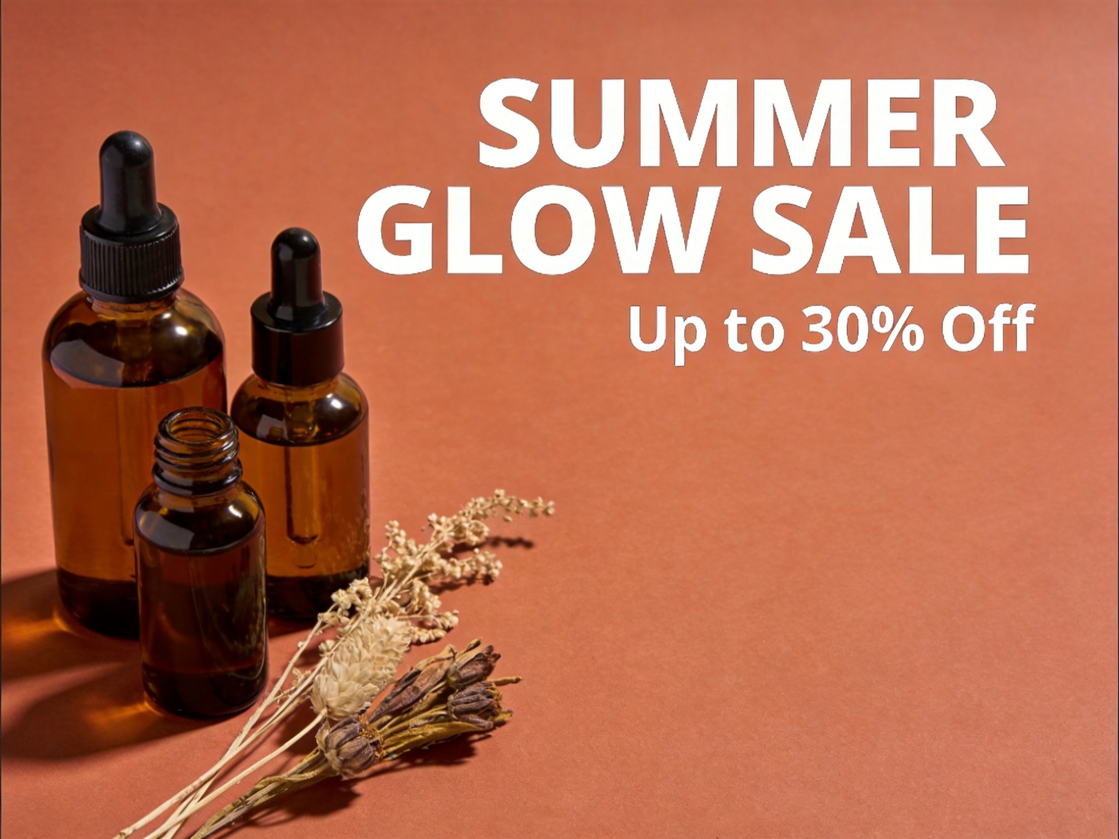 A flat-lay summer sale banner with the headline SUMMER GLOW SALE and Up to 30% Off rendered as clean, legible in-image text